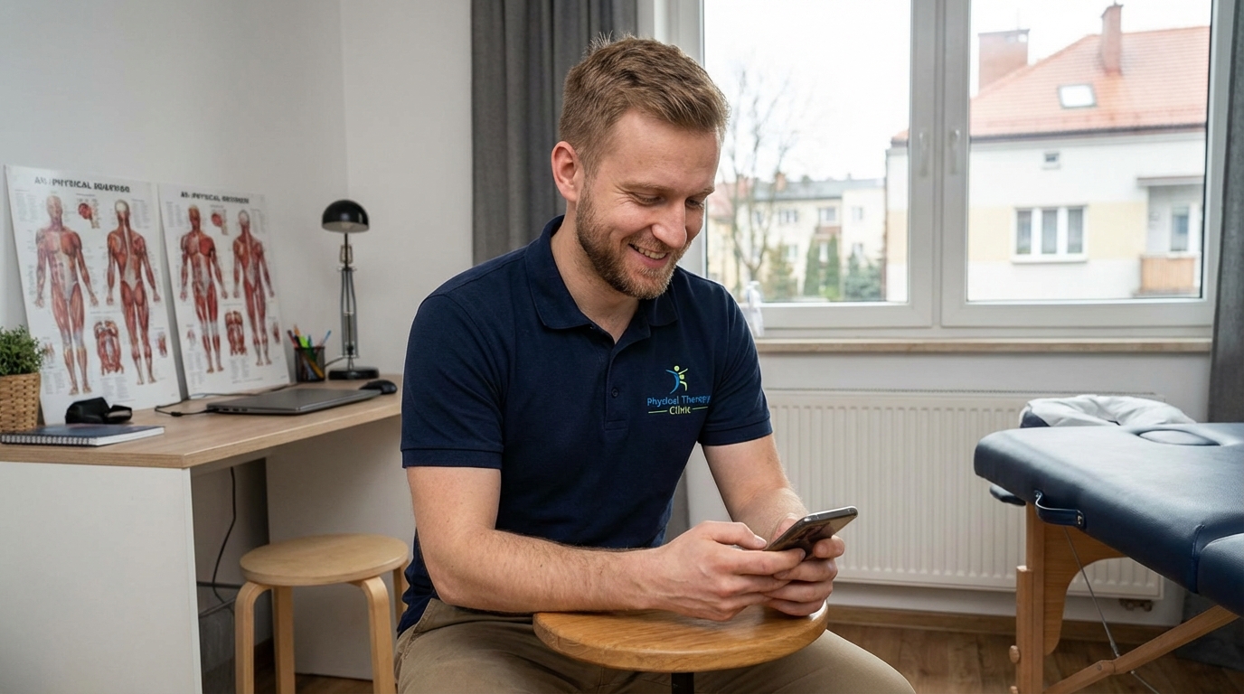 Fizjoterapeuta przeglądający kurs EMG Biofeedback na telefonie w gabinecie